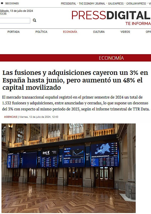 Las fusiones y adquisiciones cayeron un 3% en Espaa hasta junio, pero aument un 48% el capital movilizado